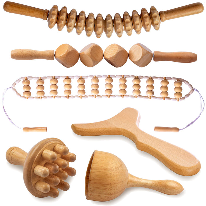 lianjindun 6 in 1 Wood Therapy Massage Tools, Maderoterapia kit, Wood Therapy Set, Lymphatic Drainage Massager, Wooden Gua Sha Tools, Wooden Massager Roller Rope for Body Shaping Anti Cellulite