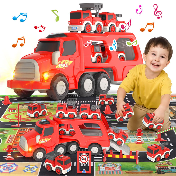 newcrave 8 in 1 Fire Truck Toys for 2 3 4 5 Year Old Boy, Fire Trucks Cars Toys for Toddler 1-3 3-5, Fire Cars with Play Mat Light & Sound, Easter Christmas Birthday Gifts for 1 2 3 4 Year Old Boy