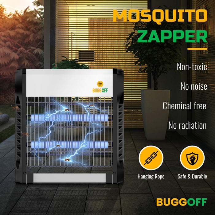 BUGG OFF Indoor Electric Bug Zapper, 2000 SQFT Coverage, 3500 Volts of Stunning Power, 40 Watts, Kills Mosquitos Gnats, Flys & More. 5 Year Warranty, X2 Free Replacment Bulbs