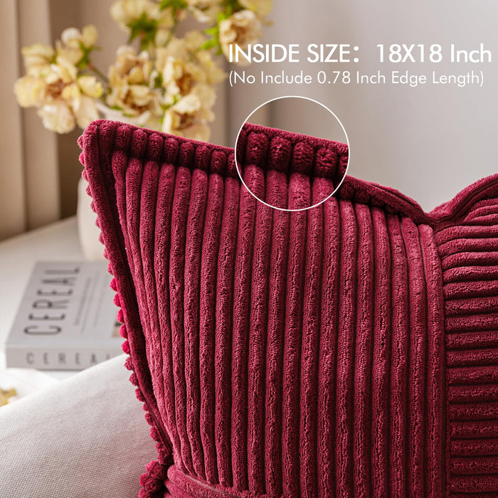 MIULEE Corduroy Pillow Covers with Splicing Set of 2 Super Soft Boho Striped Christmas Pillow Covers Broadside Decorative Textured Throw Pillows for Couch Cushion Bed Livingroom 18x18 inch, Burgundy