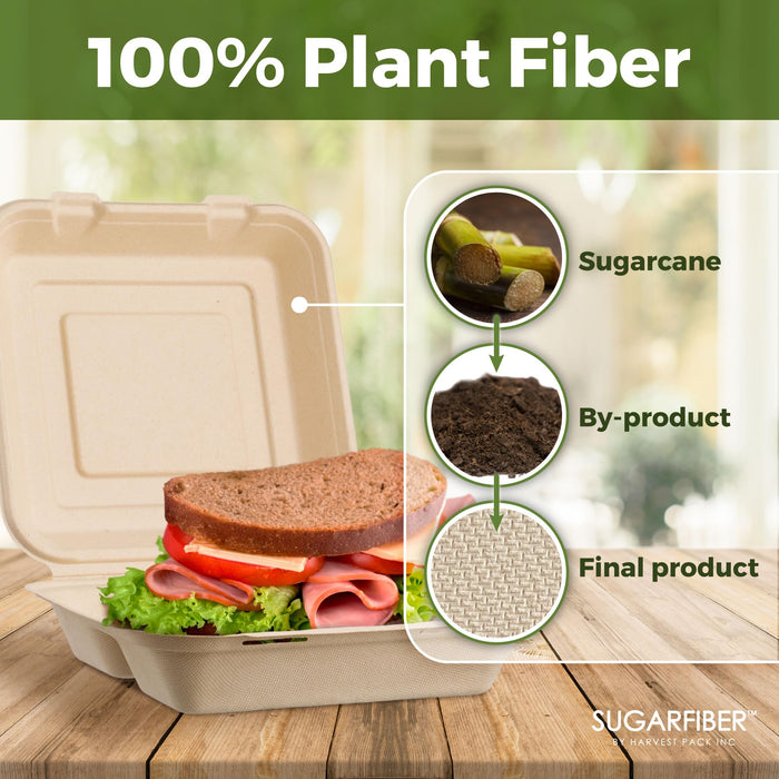 [200 COUNT]Sugarfiber by Harvest Pack 9 X 9" Compostable Clamshell Food Containers, 3 Compartment Clamshell Heavy-Duty Hinged Container, Disposable Bagasse Eco-Friendly Natural Takeout to go Box