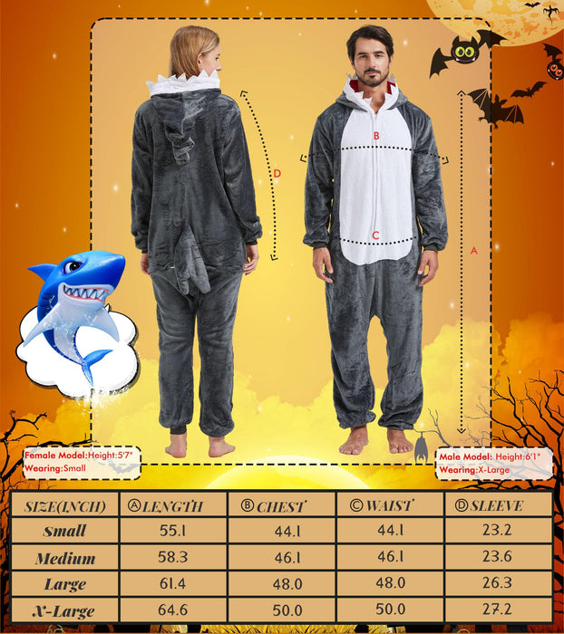 QUCH Adult Onesie Costume-Unisex Animal Onesies for Adults Halloween Costume, Halloween Onesie Adult Onesie Pajamas for Women Shark XL