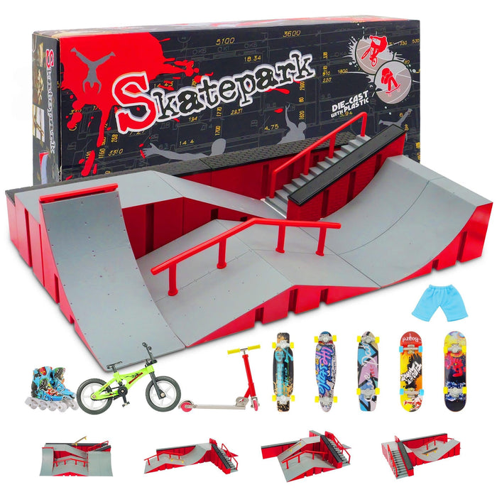 Finger Skateboard Park Kits (9 in 1),Finger Skateboard Ramp Set with 5 Fingerboards, Finger Scooter,Finger Bike,Finger Skateshoes and Finger Pants,Skateboard Toys Christmas Birthday Gift for Kids