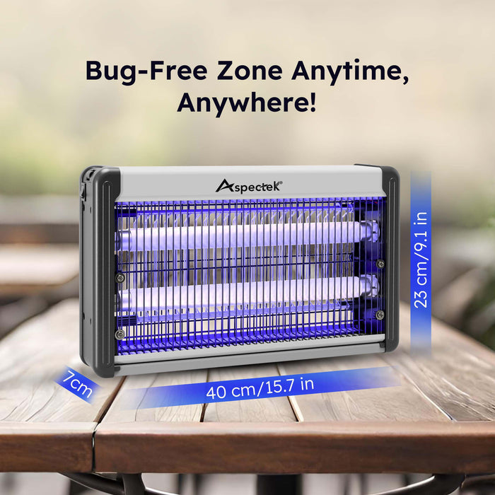 Aspectek 20W Electric Bug Zapper for indoor use. Effective against mosquitoes and flies. 2 extra replacement bulbs included. Lightweight design, 2800V powerful Grid, easy cleaning, washable tray.