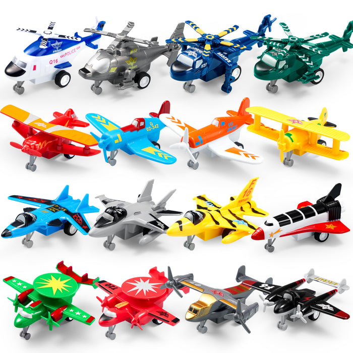 JOYIN 16 Pcs Pull Back Airplane Toys, Boys Plane Playset, Aircraft Incl Helicopter, Fighter, Bomber, Gifts for Toddler Kids 3+ Years Old, Christmas Kids Gifts, Treasure Box Toys for Classroom