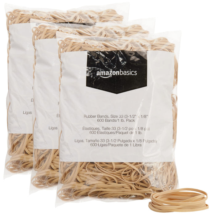 Amazon Basics Rubber Bands, Size 33 (3-1/2 x 1/8 Inch), 600 Bands/1 lb Pack, 3-Pack, Tan