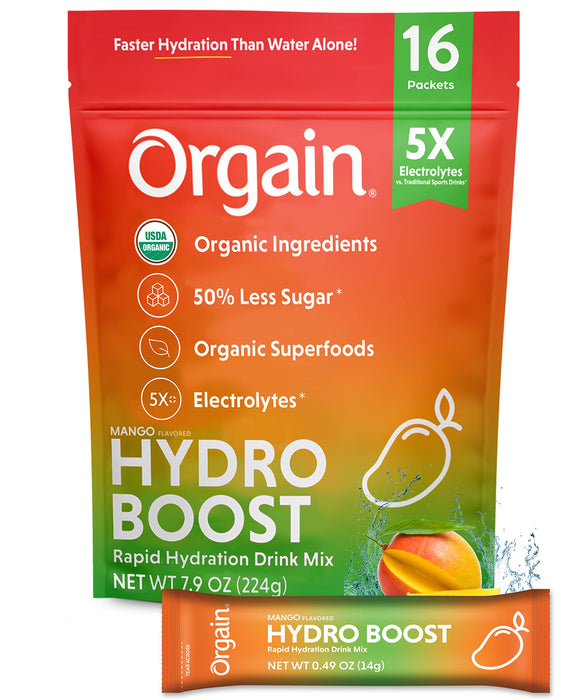 Orgain Organic Hydration Packets, Electrolytes Powder - Mango Hydro Boost with Superfoods, Vegan, Gluten-Free, No Soy Ingredients, Non-GMO, Less Sugar than Sports Drinks, 16 Count