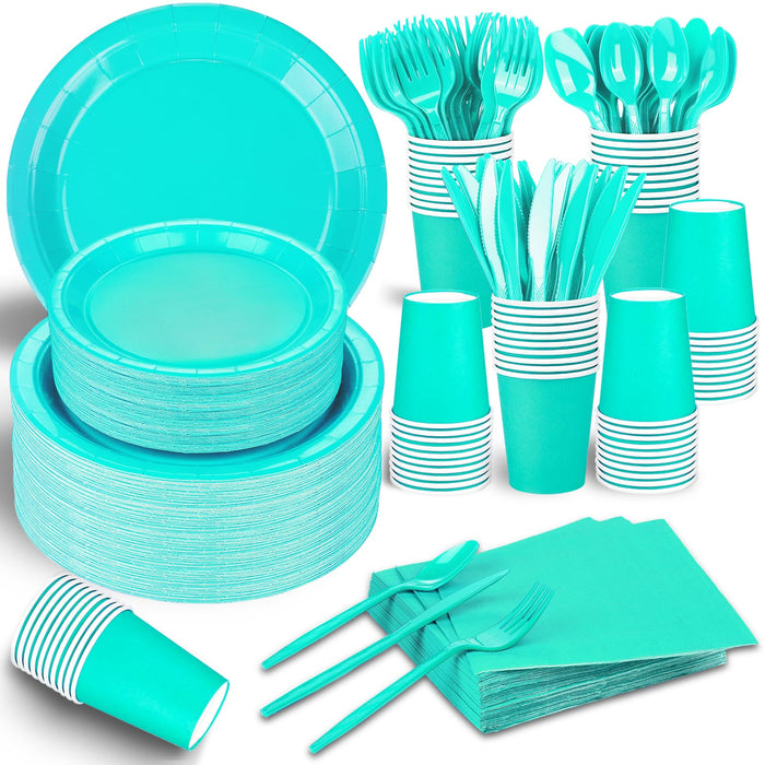 TWOWYHI 228PCS Teal Blue Party Supplies Set Include Paper Plates Cups Teal Blue Napkins Plastic Spoons Forks Knives for 30 Guests Disposable Party Dinnerware for Birthday Wedding Party Family Picnic