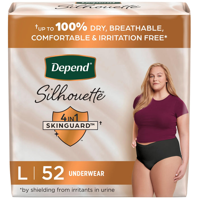 Depend Silhouette Adult Incontinence & Postpartum Bladder Leak Underwear for Women, Maximum Absorbency, Large, Black, 52 Count (2 Packs of 26), Packaging May Vary
