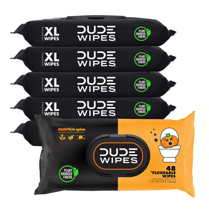 DUDE Wipes - Flushable Wipes - 6 Pack, 288 Wipes - DUMPkin Spice with Clove, Nutmeg, and Other Fall Pumpkin Spice Scents - Septic and Sewer Safe Butt Wipes For Adults, Extra Large