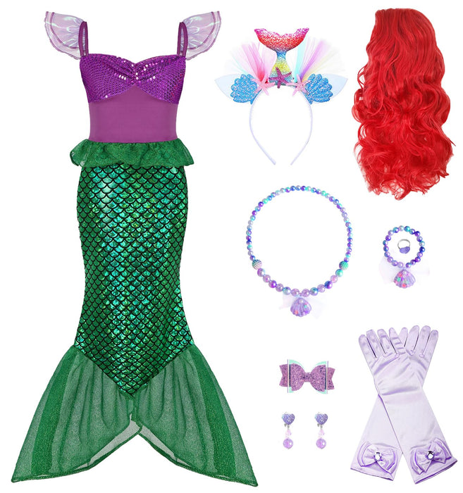 Oumbivil Mermaid Princess Dress Ariel Costume for Grils Cosplay Birthday Party Halloween Costumes with Wig, Headband, Necklace, Gloves OU031XS