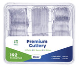 Comfy Package [192 Combo Pack] Premium Heavyweight Disposable Clear Plastic Silverware - 64 Forks, 64 Spoons, 64 Knives, plastic utensils, Cutlery Set for Parties, Events, and Catering