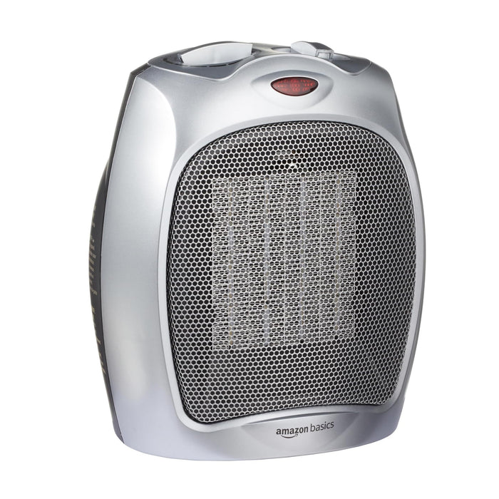 Amazon Basics Ceramic Space Heater, Portable Heater for Indoor Use, for Office and Home, With Overheat and Tip-Over Protection, Thermostat, Non-Oscillating, 1500W, Silver, 7.52"D x 6.34"W x 9.45"H