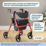 Medline Premium Empower Rollator Walker with Memory Foam Seat, Black & Red, 300 lb. Weight Capacity, 8” Wheels, Microban* Technology, Cupholder, Rolling Walker for Mobility Impairment