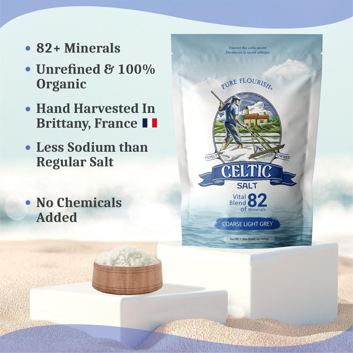 Pure Flourish Celtic Salt - 600g | 100% Organic Unrefined Celtic Salt | Rich in 82+ Essential Minerals | Hand Harvested Light Grey Celtic Salt Crystals from France