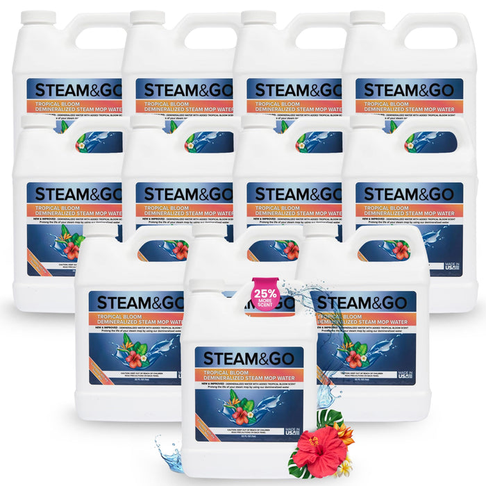 Steam & Go - Demineralized Water for Steam Cleaner, PVC-Free Floor Cleaner Liquid Compatible With Any Mop Steamer, Ready-to-Use Multisurface Cleaner, Scented, Tropical Bloom, 32 oz (Pack of 12)