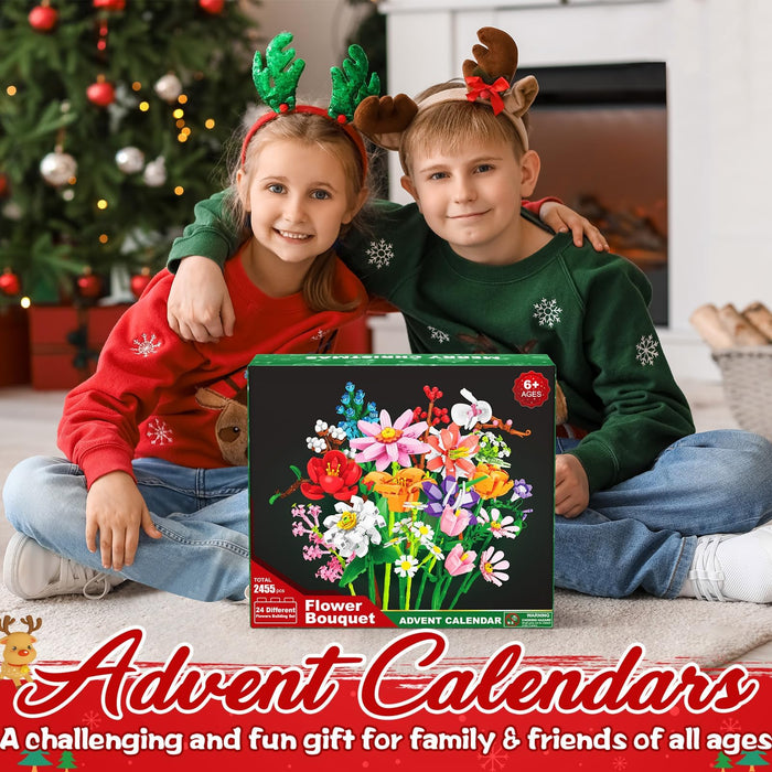 Advent Calendar 2024 for Kids Adults Teens, 24 Days STEM Flower Bouquet Building Blocks Christmas Countdown Calendar Gifts Box with Artificial Flowers Bricks Toy Set for Boys Girls Women Men Age 6+