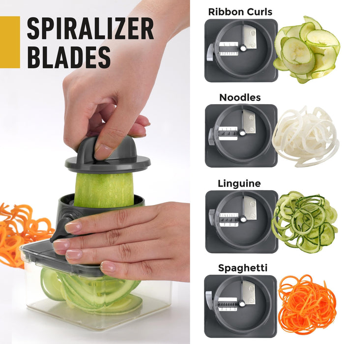 Mueller Pro-Series All-in-One, 12 Blade Mandoline Slicer for Kitchen, Food Chopper, Vegetable Slicer and Spiralizer, Cutter, Dicer, Grater, Kitchen Gadgets Sets with Container, White Sand/Gray