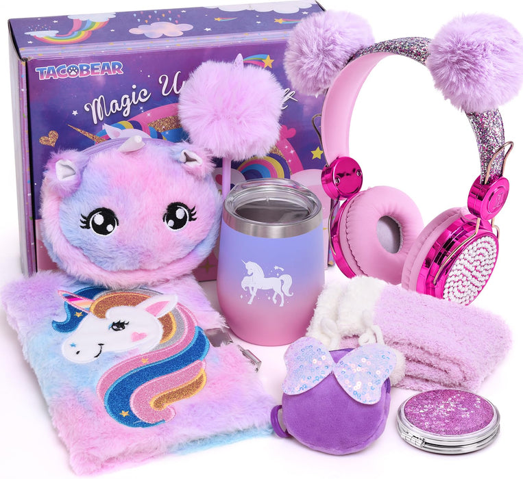 Tacobear Unicorn Gifts for Girls Age 6-10, 9PCS Unicorn Gift Set with Wired Headphones, Lock Diary, Insulated Cup, Coin Pouch, Socks, Mirror & Pen, Christmas Birthday Gifts for Kids 6 7 8 9 10 11 12