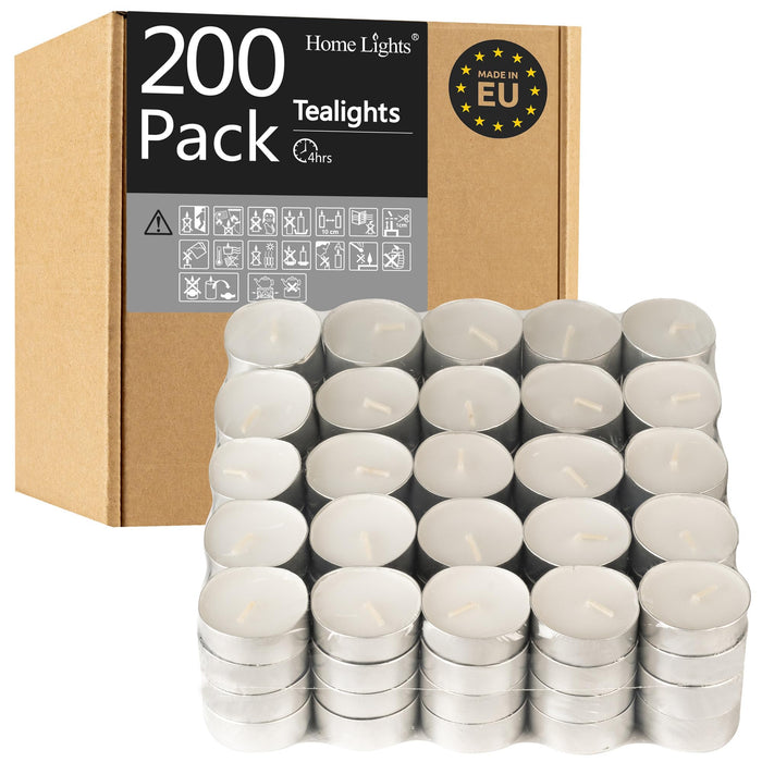 HomeLights Tealight Candles - 4 Hours - Giant 100,200,300 Bulk Packs - White Unscented European Votive Smokeless Tea Lights for Shabbat, Weddings, Christmas, Home Decorative - 200 Pack