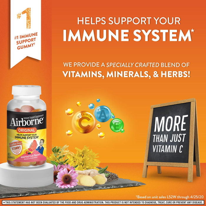 Airborne Vitamin C 750mg (per Serving) Assorted Fruit Gummies (63 Count in a Bottle), Gluten-Free Immune Support Supplement with Vitamins C E, Selenium (Pack of 3)