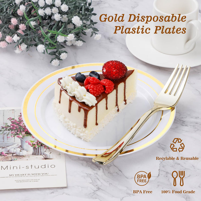 BESTVIP 50PCS Gold Plastic Plate, Disposable Party Plates with 25 Dinner Plates and 25 Dessert Plates, Plastic Plates for Party, Wedding and Birthday