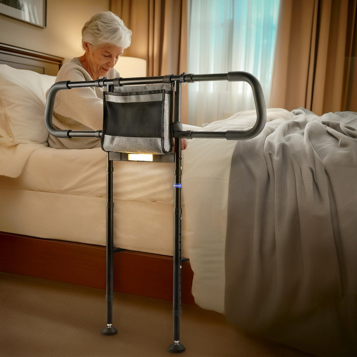 NIMOOD C4 PRO Bed Rails for Elderly Adults Safety with Extension Legs, Adjustable Heights Bed Cane with Widened Handrail, Stable Bed Assist Rails with LED Motion Light, Avoid Seniors Bedside Fall