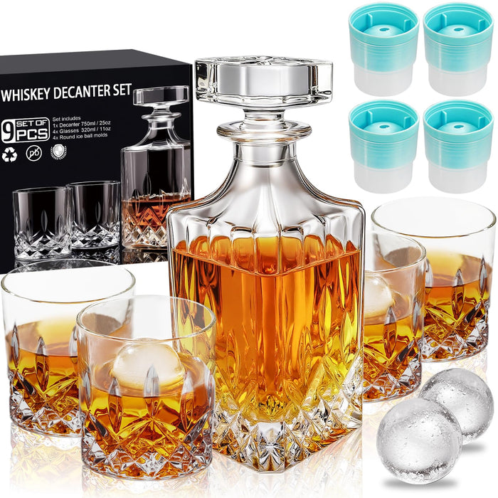 Whiskey Decanter Set for Men, 4*Crystal Whiskey Glasses(Get 4 Silicone Ice Mold Free), Lead-Free Decanter Set for Whiskey, Bourbon, Scotch, Anniversary Christmas Gifts for Dad, Husband, Whiskey Lovers