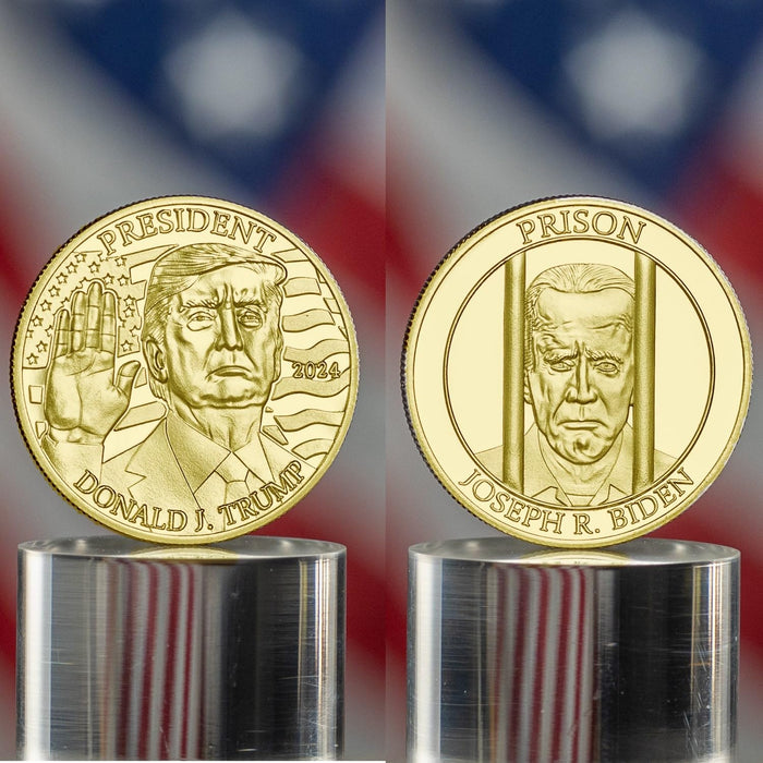 Generic President Prison 2024 Election Commemorative Pro-Trump Coin Set, Features Victorious President Trump w/Biden in Prison, Layered in Pure 24-Karat Gold, Double-Sided Display & Certificate