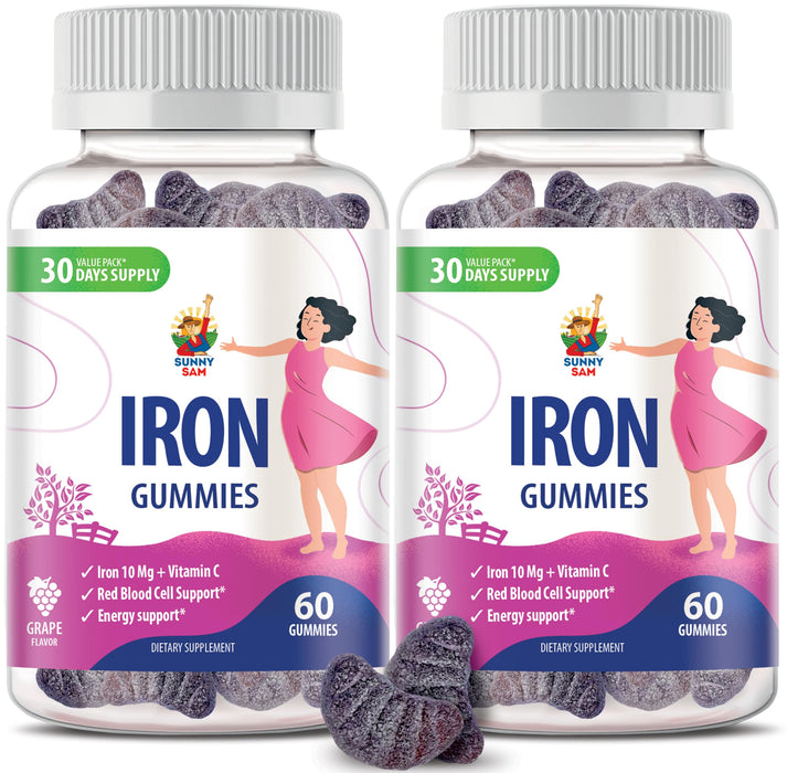 SUNNY SAM Iron Gummies for Kids & Adults - Iron Vitamins with Vitamin C, 10mg per Serving - Iron Chewable Fruit Gummy for Immune Support Red Blood Cell Production