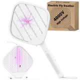 Electric Fly Swatter Racket Fly Zapper - Powerful 4000V Mosquito Zapper Racket & Night Bug Zapper 2 Modes, Foldable Hanging Standing Handheld Rechargeable Fly Killer, 3-Layer Safe for Humans Pets