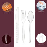 Party Bargains Clear Plastic Cutlery 360 pcs: 180 Forks, 120 Spoons, 60 Knives. Argyle Design, Heavy Duty & Solid Disposable Silverware Utensils Combo Pack Set for Weddings, Buffets, Luncheons