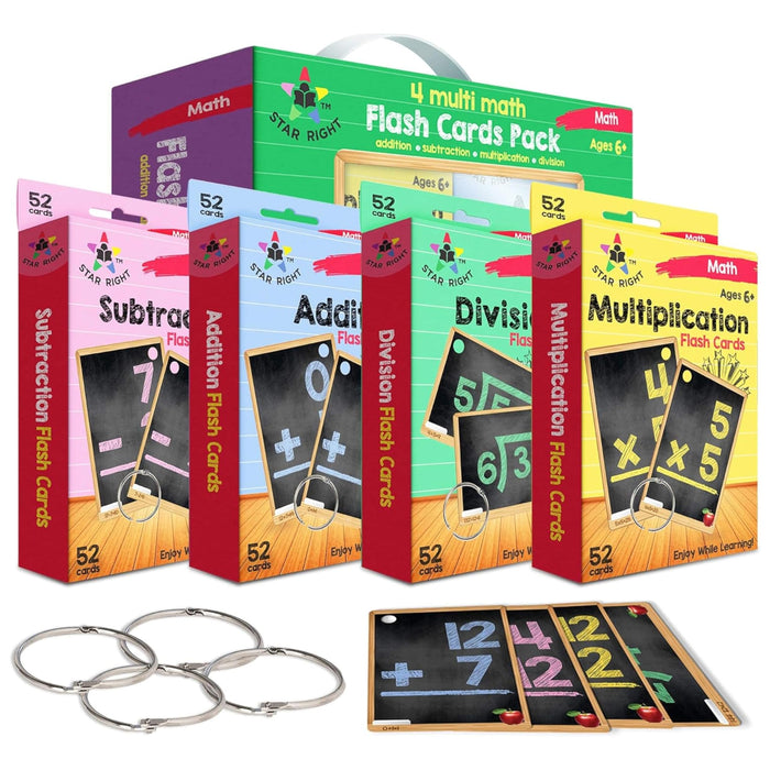 Star Right Math Flash Cards Set of 4 - Addition, Subtraction, Division, & Multiplication Flash Cards - 4 Rings - 208 Math Flash Cards Multiplication and Division, Addition, Subtraction - Ages 6+