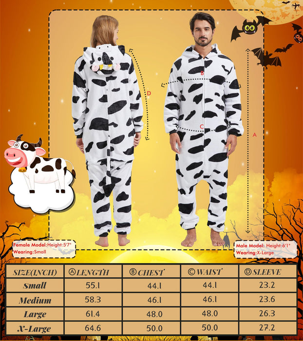 QUCH Adult Onesie Costume-Unisex Animal Onesies for Adults Halloween Costume, Halloween Onesie Adult Onesie Pajamas for Women Cow XL