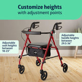 Medline Superlight Folding Aluminum Mobility Rollator Walker, Red, 250 lb. Weight Capacity, 6" Wheels, Adjustable Arms and Seat, Foldable Rolling Walker for Seniors