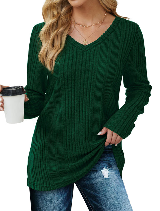 Saloogoe Green Sweaters Women Loose Fit V-Neck Long Sleeve Tops Christmas Shirts 2024 Green XL