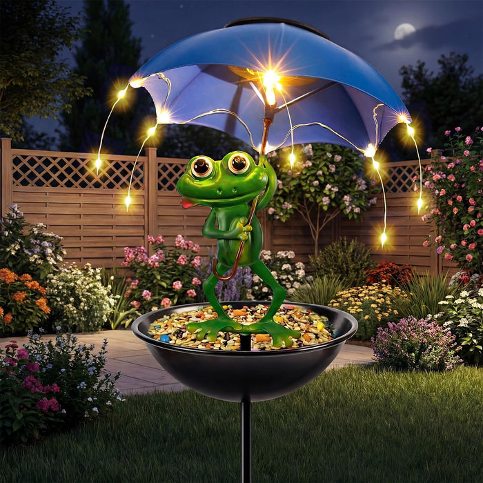 Solar Bird Feeder Frog Garden Decor, Outdoor Solar Lights with Umbrella, Hummingbird Feeder Decorative Path Lights Yard Art Ornament Bird Feeder (Frog)