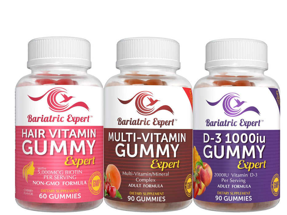 Bariatric Multivitamin 3 Pack, Multivitamin Gummy 90 Chews. - D3 Gummy 90 Chews.- Hair Vitamin Gummy 60 Chews.