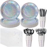 Iridescent Silver Party Supplies Decorations, Holographic Paper Plates and Napkins Set, Disposable Silver Paper Plates Cups Knives Spoons Fork Straw for Disco Bachelorette Birthday Party, Serve 50