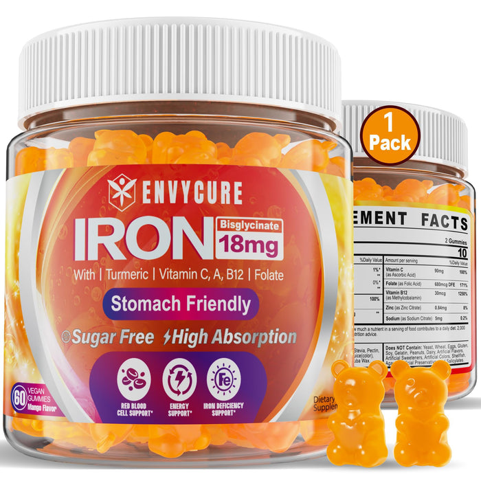 Sugar Free Iron Gummies 18mg for Women Men, Iron Bisglycinate Supplement Gummies with Vitamin C, Turmeric & Folate - Blood Builder for Iron Deficiency, Anemia & Energy, Non-Constipating (1 Pack)