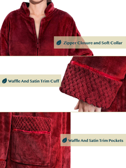 PAVILIA Womens Housecoat Zip Robe, Fleece Zip Up Front Robe Bathrobe, Plush Warm Zipper House Coat Lounger for Women Ladies Elderly with Satin Trim, Pockets, Long Plus Size - Wine Red (2x/3x)