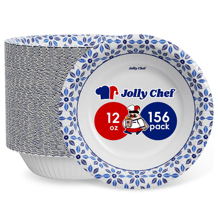 JOLLY CHEF 156 Count Paper Bowls 12 oz Soak Proof, Heavy Duty Printed Disposable Small Bowls Bulk for Dinner or Lunch