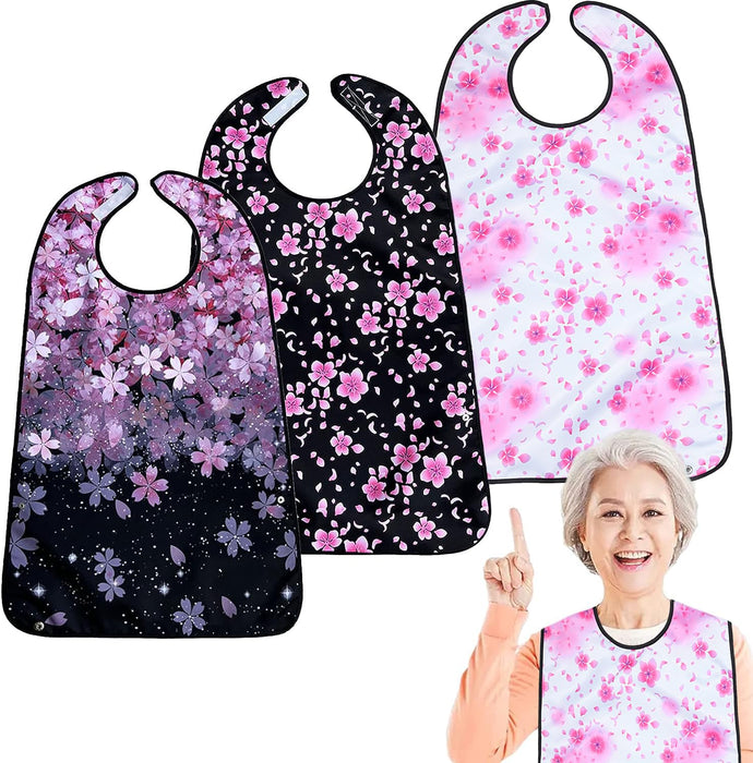 VOPHIA 3 Pack Adult Bibs for Eating Cherry Blossoms Women Bib-Washable Reusable Waterproof Clothing Protector with Detachable Crumb Catcher 29.53"x19.69"
