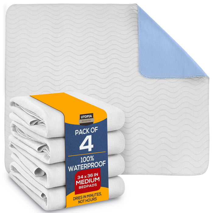 Utopia Bedding Waterproof Incontinence Bed Pads 34 x 36 Inches (Pack of 4, White/Blue), Washable and Reusable Underpads for Adults, Elderly and Pets, Absorbent Protective Pads