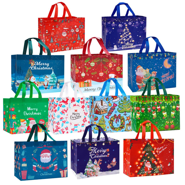 Heetobcos 12 Pack Christmas Gift Bags Large Reusable Christmas Tote Bags, Non-Woven Christmas Bags for New Year's Shopping, Christmas Surprise, Xmas Party Supplies,12.8"×9.8"×6.7"