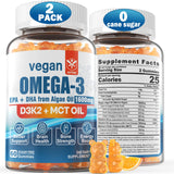 Vegan Omega 3 Gummies 1280mg - No Fish Taste - from Marine Algae Oil w/EPA 600mg & DHA 400mg, Vitamin D3, K2 & MCT Oil, Sugar Free Omega 3 Fish Oil Alternative, for Brain, Eye, Immune Health, 2 Pack