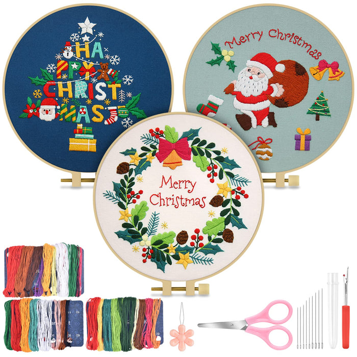 Christmas Embroidery Kit for Adult Beginners, 3 Sets Embroidery Stitch Practice kit Include Embroidery Cloth Hoops Threads for Craft Lover Hand Stitch (Santa Claus & Tree & Wreath)