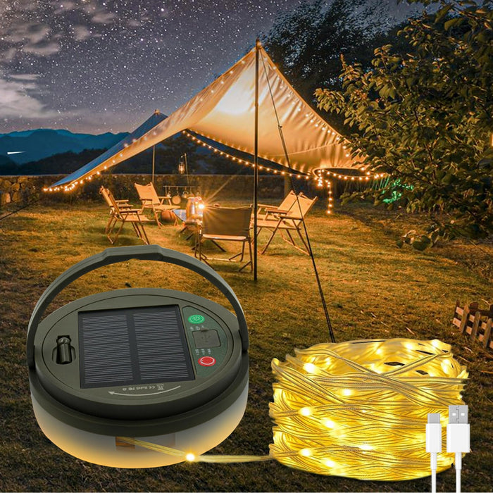 Solar Camping String Lights, 4 in 1 Fairy String Lights, Portable Waterproof Camp Lamp with 8 Lighting Modes, Hanging Rechargeable Tent Lantern for Christmas Decorations Patio Party Essentials-32.8 FT