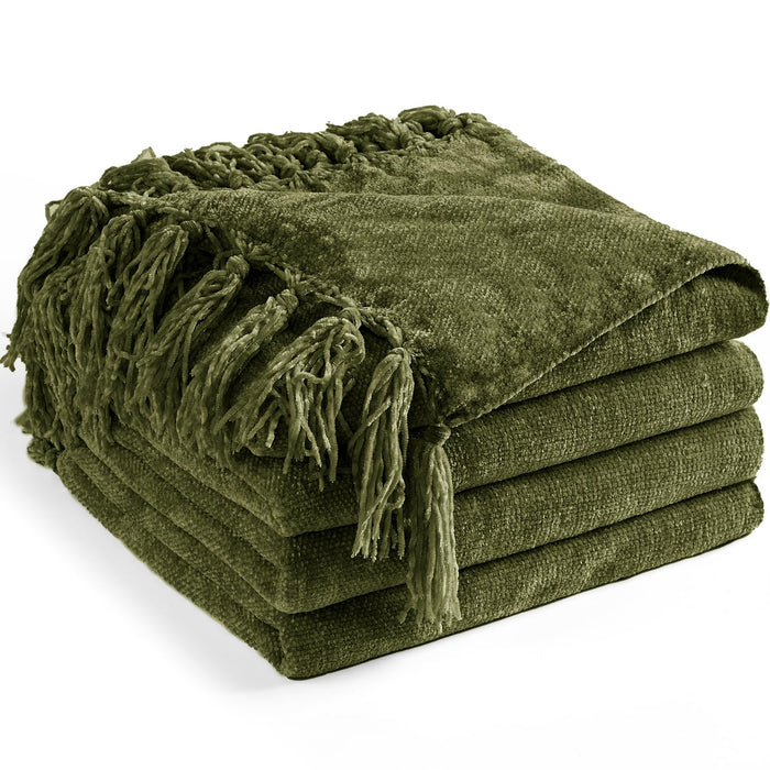 LONG CREATE Chenille Throw Blanket for Couch 50" x 60", Olive Green