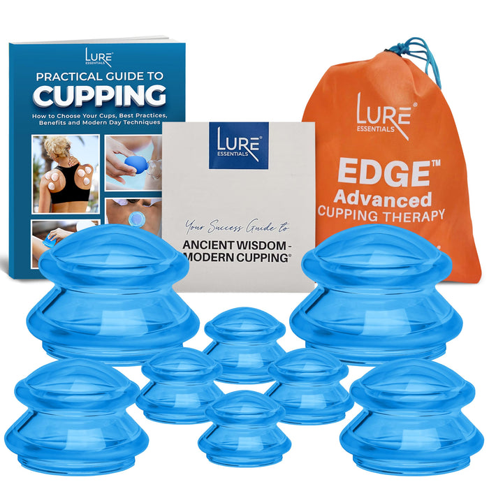 LURE Essentials Edge Cupping Therapy Set - Cupping Kit for Massage Therapy - Silicone Cupping Set - Massage Cups for Cupping Therapy, (Transparent 8 Cups - 2L, 2M, 4S, e-Book) - Blue